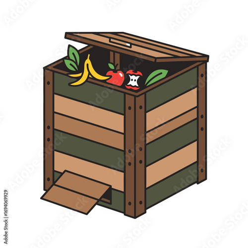 Wooden compost bin overflowing with organic waste, including fruit peels and leaves.
