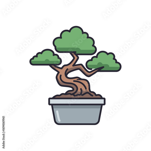 Stylized illustration of a bonsai tree in a pot.