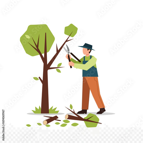 A gardener wearing a hat and overalls prunes a tree with shears, with cut branches lying on the ground.
