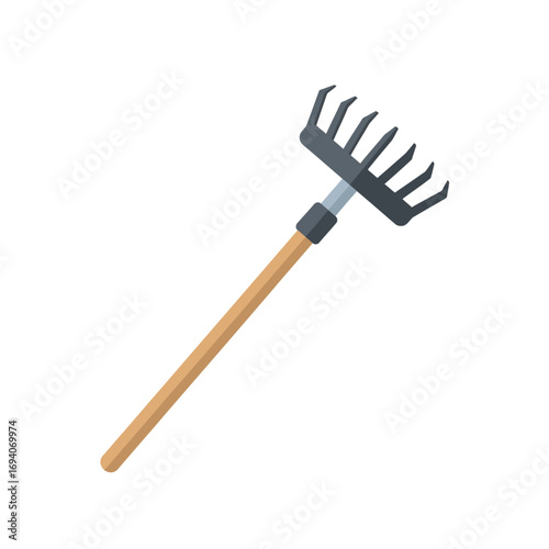 A simple illustration of a wooden-handled garden rake, isolated on white.