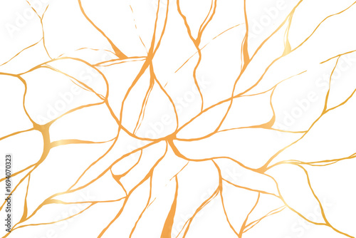 Kintsugi gold cracks background. Elegant Japanese style marble texture with golden lines on white. Vector illustration.