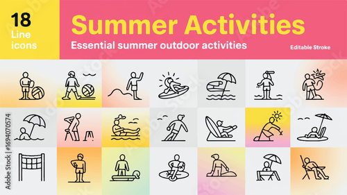 18 Summer Activities Line Icons Essential Outdoor Fun