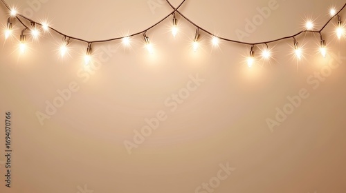 String lights hang gently on a beige wall, casting a warm glow and creating a serene atmosphere with soft focus and subtle lens flare