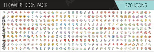 Flowers icon pack with 370 colorful hand drawn illustrations - Collection of 370 hand drawn flower icons featuring a wide variety of blossoms, floral arrangements, and decorative plants in vibrant