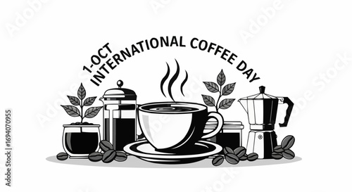 Vector art of international coffee day celebration with coffee brewing equipment and beans
