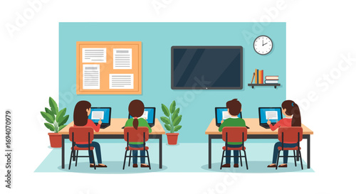 Illustration depicts a group of people working at desks, using computers, in a modern office setting.