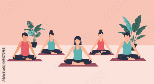 Group of people practicing yoga in lotus position on mats in a studio with plants.