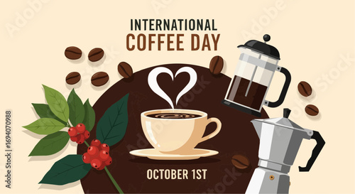 Vector art of celebrate international coffee day on october 1st with a steaming cup of coffee, coffee beans, a french press, and a moka pot, symbolizing the joy and aroma of this beloved beverage