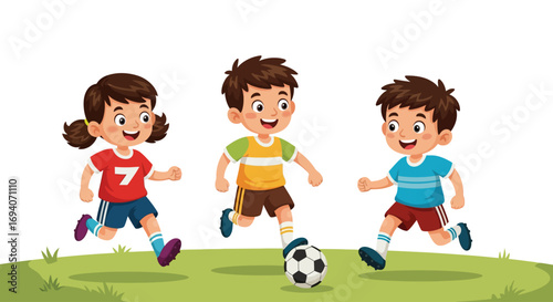 Three cartoon children playing soccer on a green field, smiling and running after the ball.
