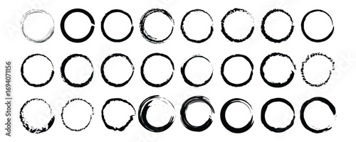 Abstract black paint brushstroke circles pack. Grunge hand drawn circular frames outline vector illustration isolated on white background.  Enso zen ink brush style symbol set