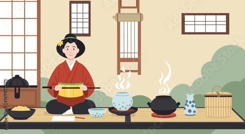 A woman in traditional attire prepares a Japanese tea ceremony in a serene room.