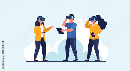 Three people wearing VR headsets, interacting with virtual reality using tablets, against a light blue background with cloud-like shapes.