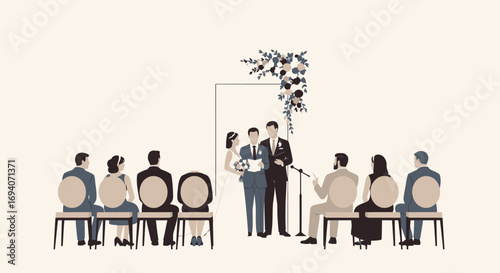 A minimalist illustration depicts a wedding ceremony, with the couple exchanging vows before seated guests.