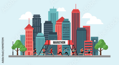 Runners participating in a marathon race through a vibrant city skyline.