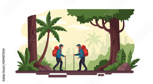 Two hikers with backpacks trek through a lush, tropical forest, enjoying a scenic nature walk.