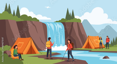 Hikers enjoy a scenic camping trip near a majestic waterfall, nestled amidst lush mountains and tranquil rivers.
