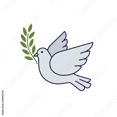 A white dove in flight carrying an olive branch, symbolizing peace and hope.