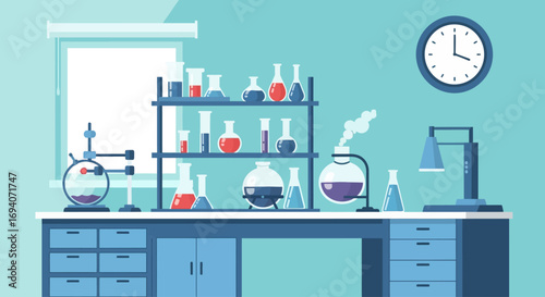 A well-equipped chemistry lab features glassware, equipment, and reagents, ready for scientific experiments.