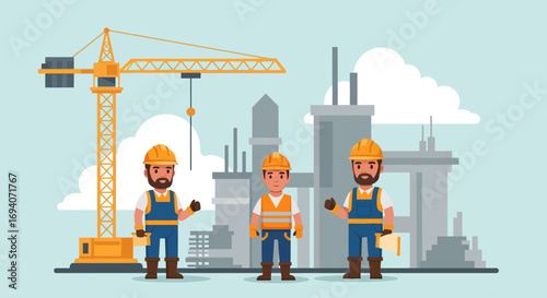 Three construction workers stand in front of a building site with a crane.
