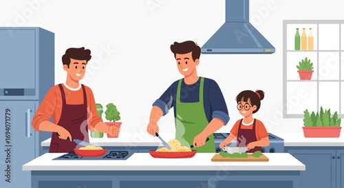 Happy family of three cooks together in a bright, modern kitchen, preparing a meal.
