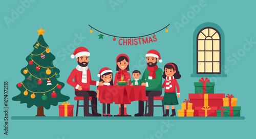 A family gathers around a table, celebrating Christmas with gifts and decorations.