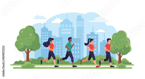 Four people jogging in a park with a city skyline backdrop, enjoying outdoor exercise and healthy lifestyle.