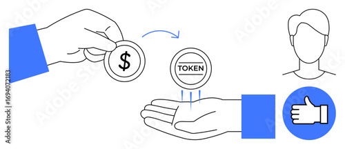 Hand holding money exchanges it for token, thumb icon signaling approval, person profile nearby. Ideal for finance, digital currency, blockchain, e-commerce, transactions, reward systems simple