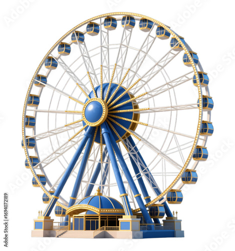 Blue and Gold Ferris Wheel with Transparent Background, 3D Realism Design Element