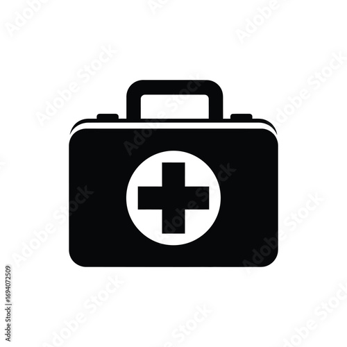 Simple black silhouette of a medical briefcase icon. First aid kit with a plus sign symbol, isolated on a white background for healthcare concepts