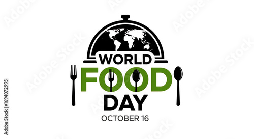 World Food Day Logo Featuring Globe, Utensils, and Text on White