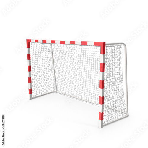 Side view of striped red and white handball goal isolated