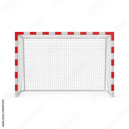 Isolated handball goal front view with striped frame and net