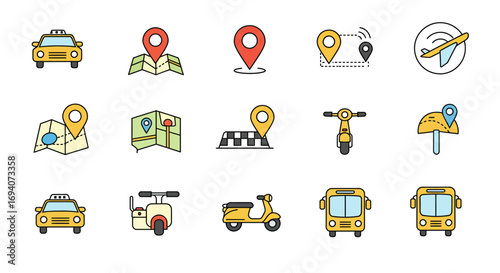 A collection of colorful flat line icons representing various modes of transportation and navigation symbols like maps and location pins.