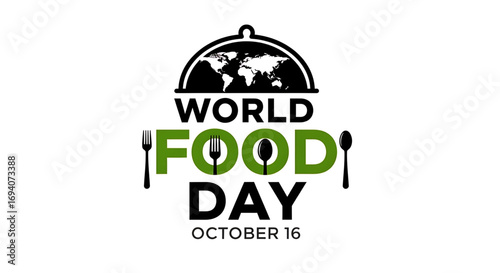 World Food Day Graphic: Olive Green "Food" with Utensils and Global Dome