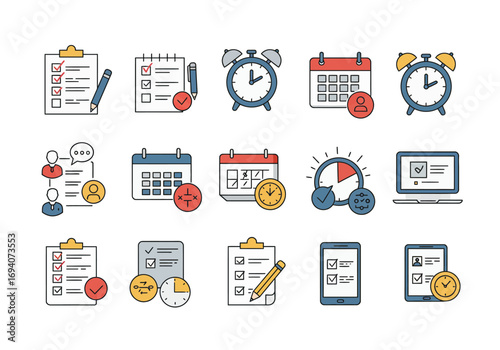 A collection of flat line icons representing time management, planning, scheduling, and task completion.