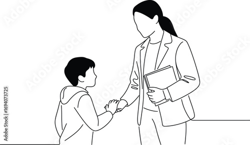 Caring adult woman shakes hands with a young boy, fostering trust and connection.