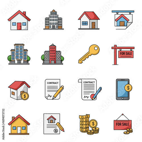 A collection of colorful flat design icons representing various aspects of real estate, property buying, selling, and housing transactions.