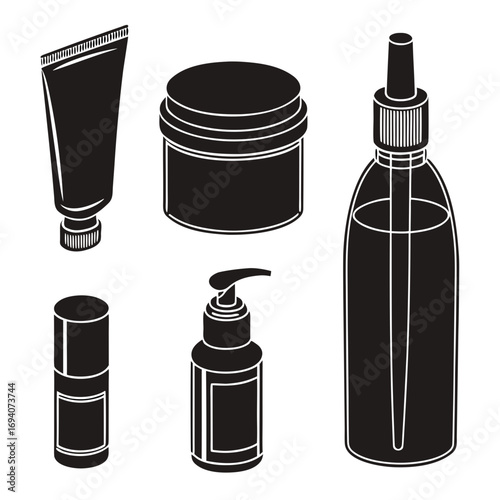 Assorted black cosmetic containers skincare bottles