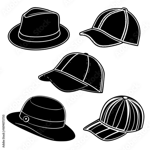 Assorted headwear silhouettes black and white fedora