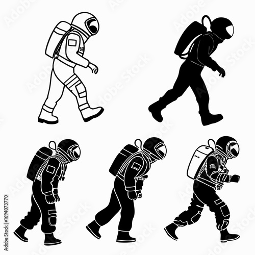 Astronaut figures walking space suits black and white