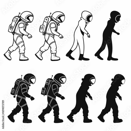 Astronauts walking in line space suit figures