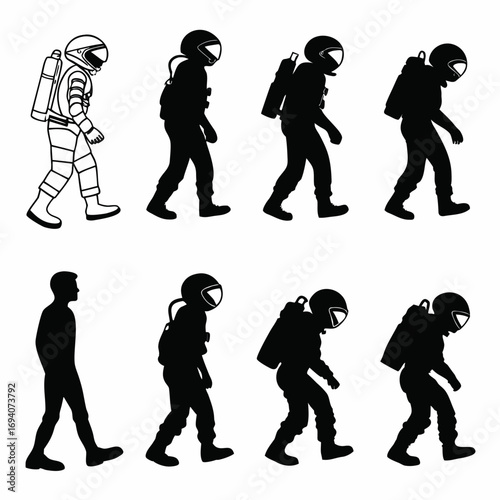 Astronaut figures walking space suits silhouette