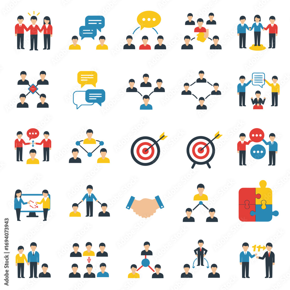 Fototapeta premium Collection of flat design icons depicting various business concepts, including teamwork, communication, collaboration, and leadership.