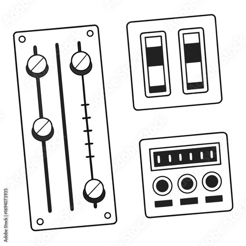 Audio mixer sliders switches display knobs