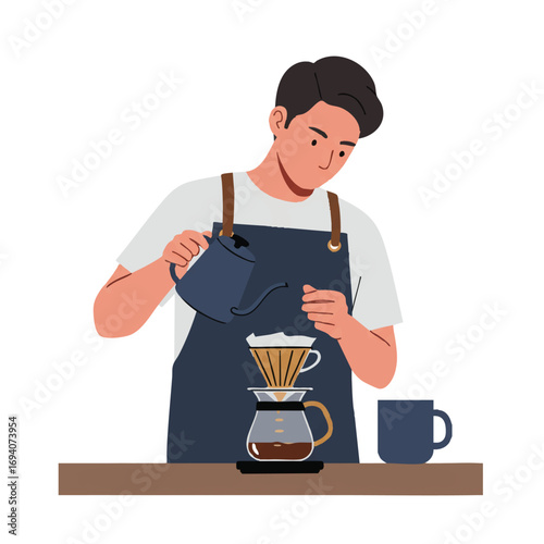 A barista meticulously prepares pour-over coffee using a minimalist dripper and mug on a counter, rendered in vibrant flat 2D vector style with no outlines on a clean white background.