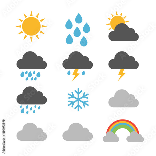 Weather icons depicting various conditions including sun, rain, clouds, snow, and rainbow.