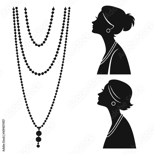Beaded necklaces and female profile silhouettes chain