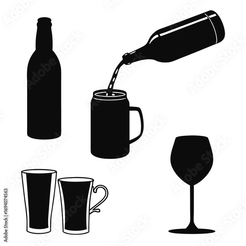 Black beverage containers pouring liquid silhouette