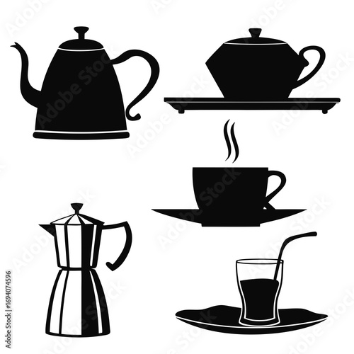 Black beverage service icons kettle teapot
