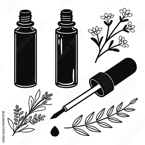 Black bottles dropper botanical elements essential oil bottles